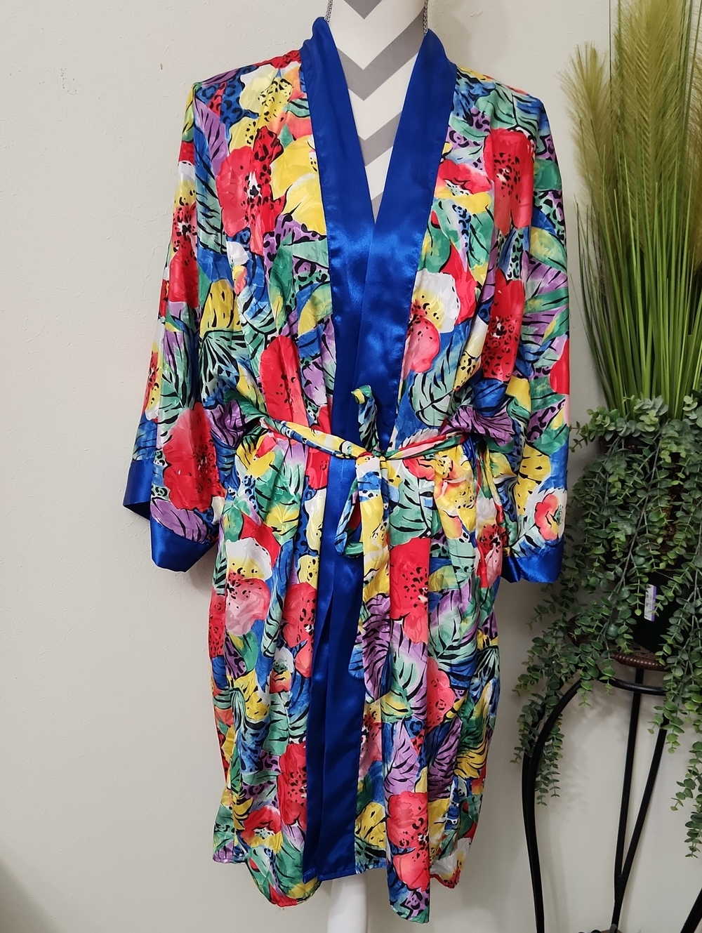 Samye Floral Satin Robe with Blue Trim